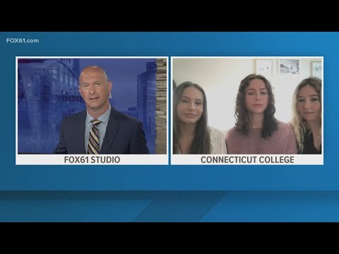 Fox 61 News split-screen interview: a studio anchor on the left and three Camels Vote ambassadors from Connecticut College on the right.